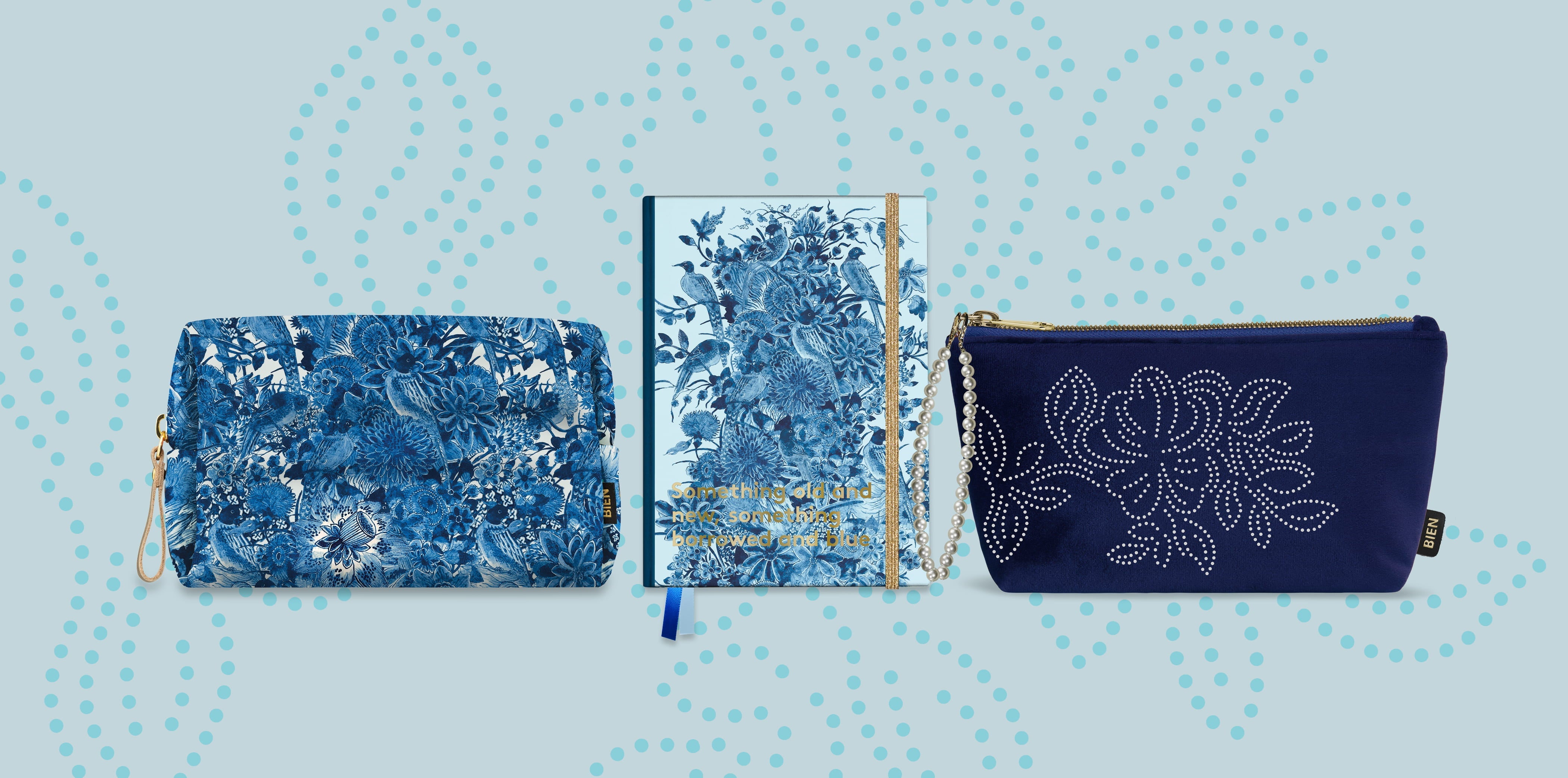Elegant large pouch deep blue with embroidered pearl flowers