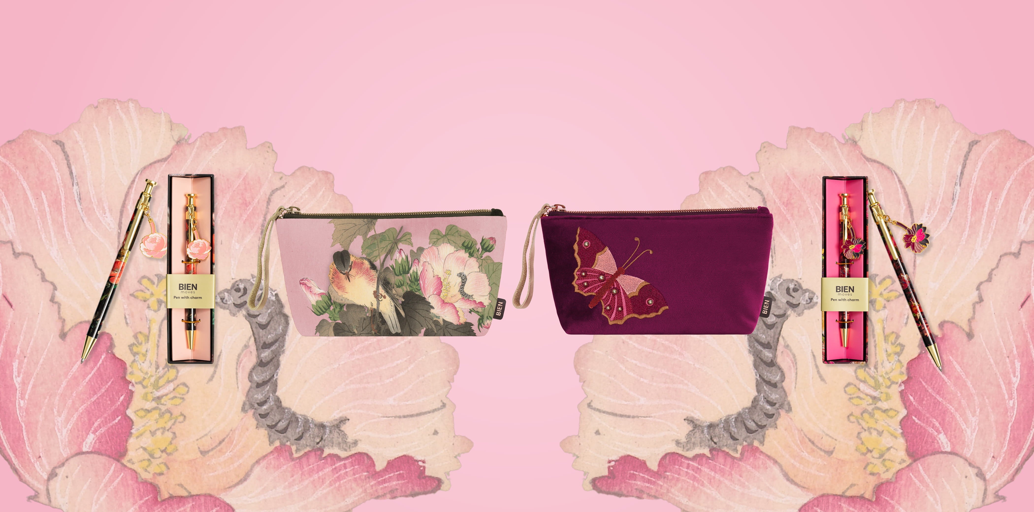 Large velvet makeup pouch with butterfly embroidery