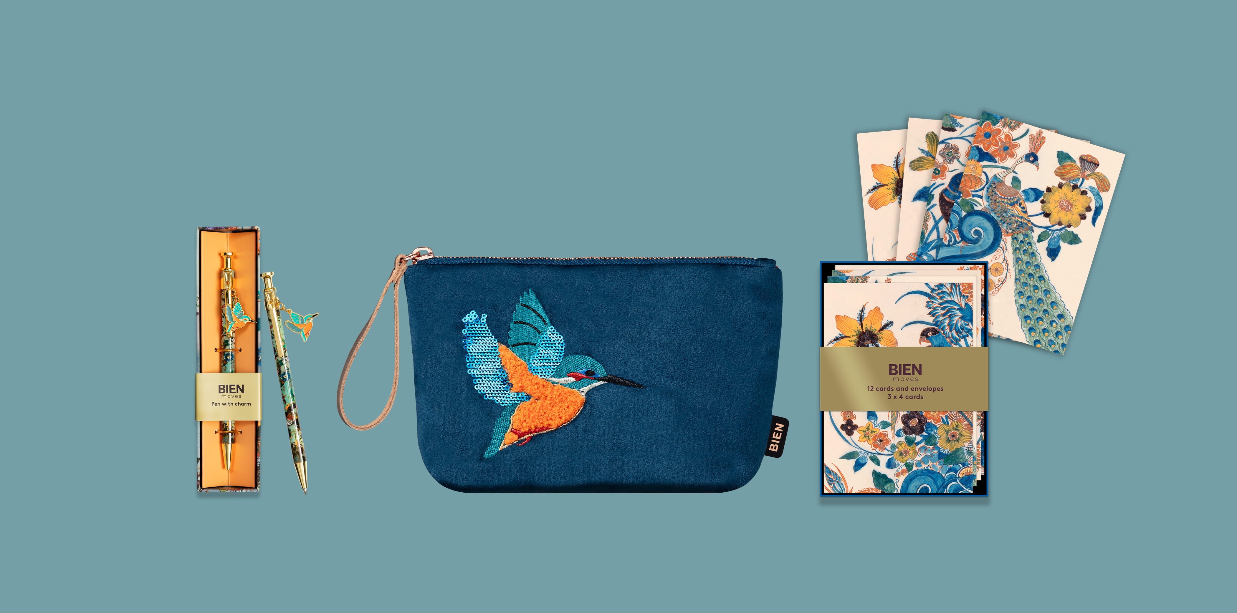Large velvet makeup pouch in Petrol with embroidery - flying Kingfisher