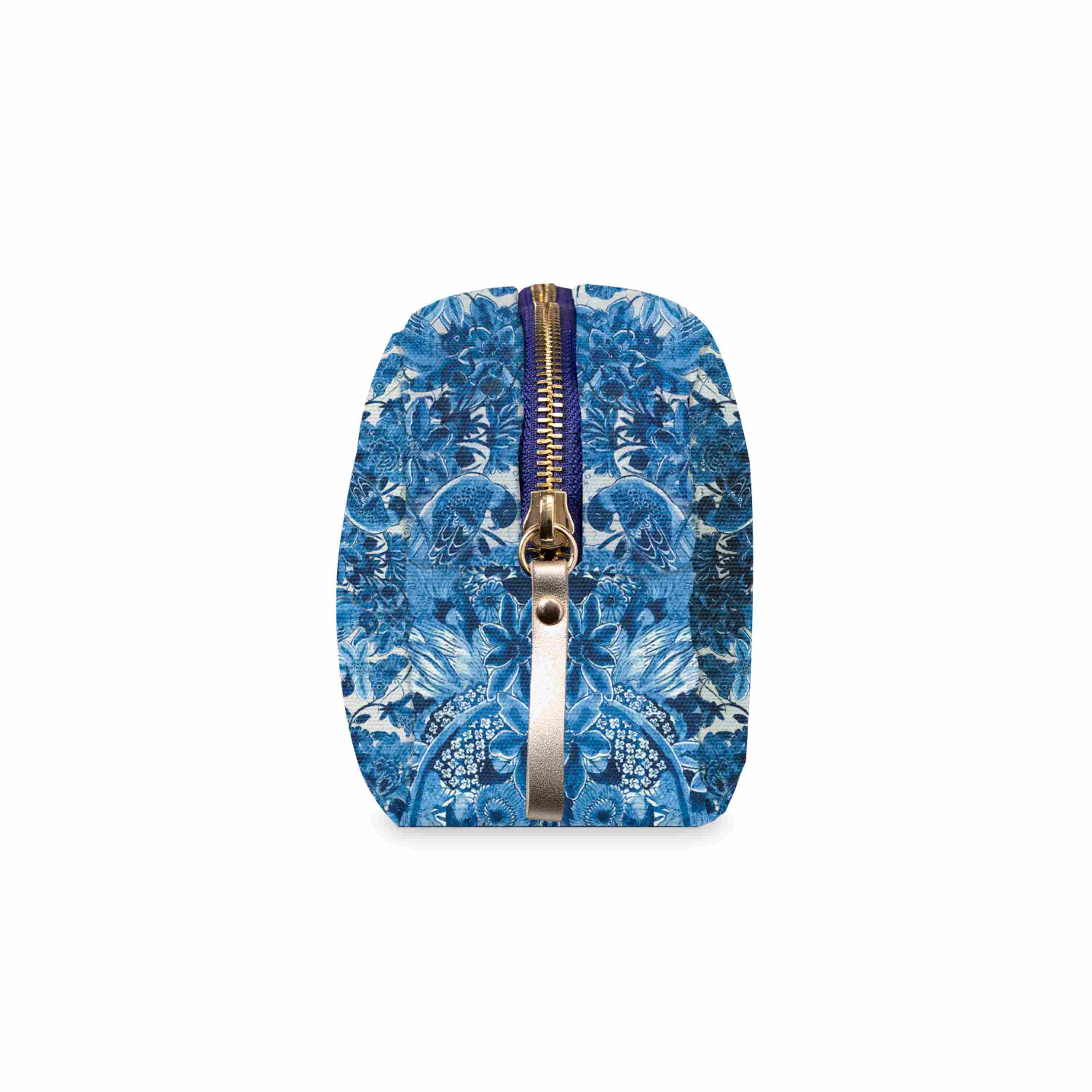 Grande pochette en brique de coton-nylon avec motif floral et oiseaux Delft Blue