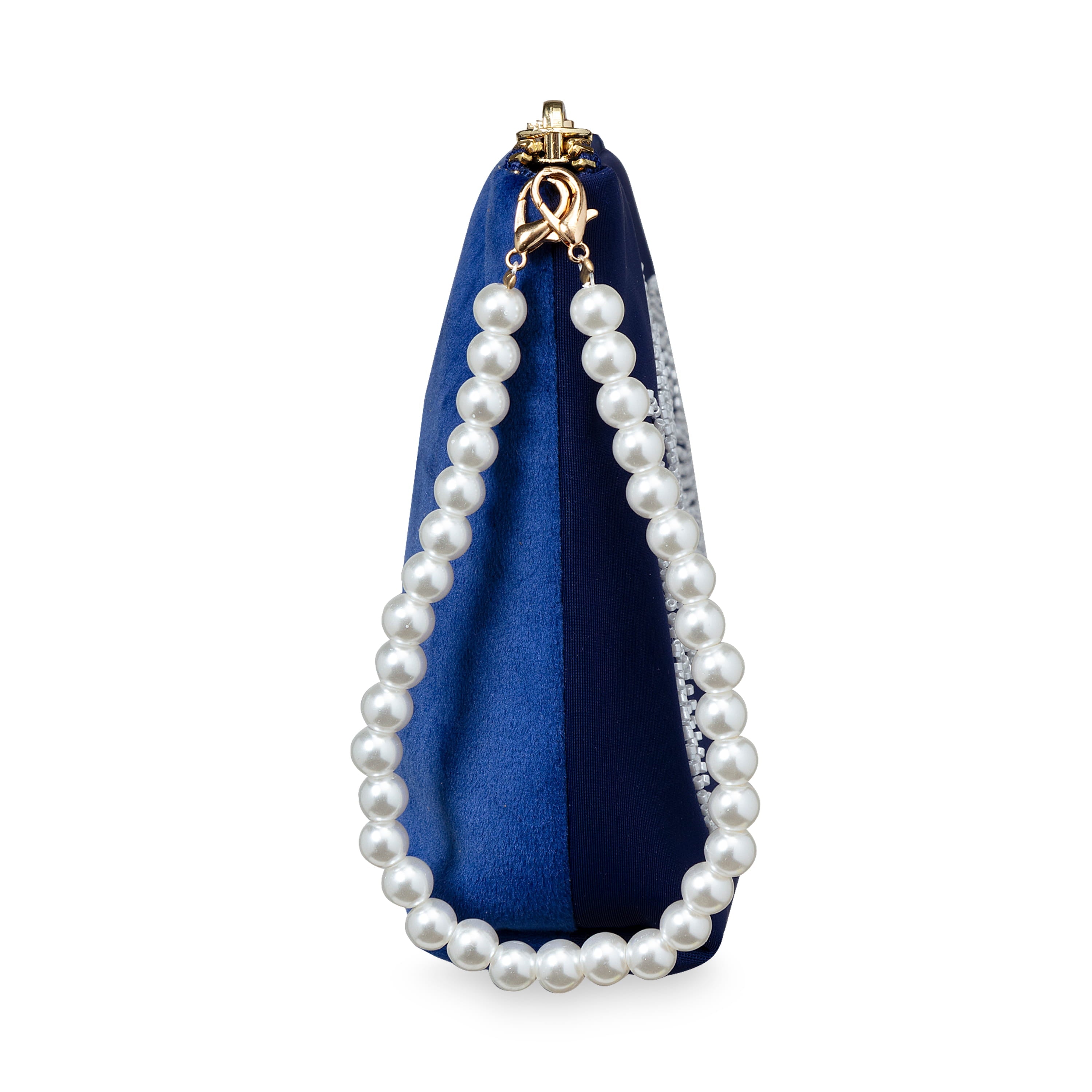 Elegant large pouch deep blue with embroidered pearl flowers