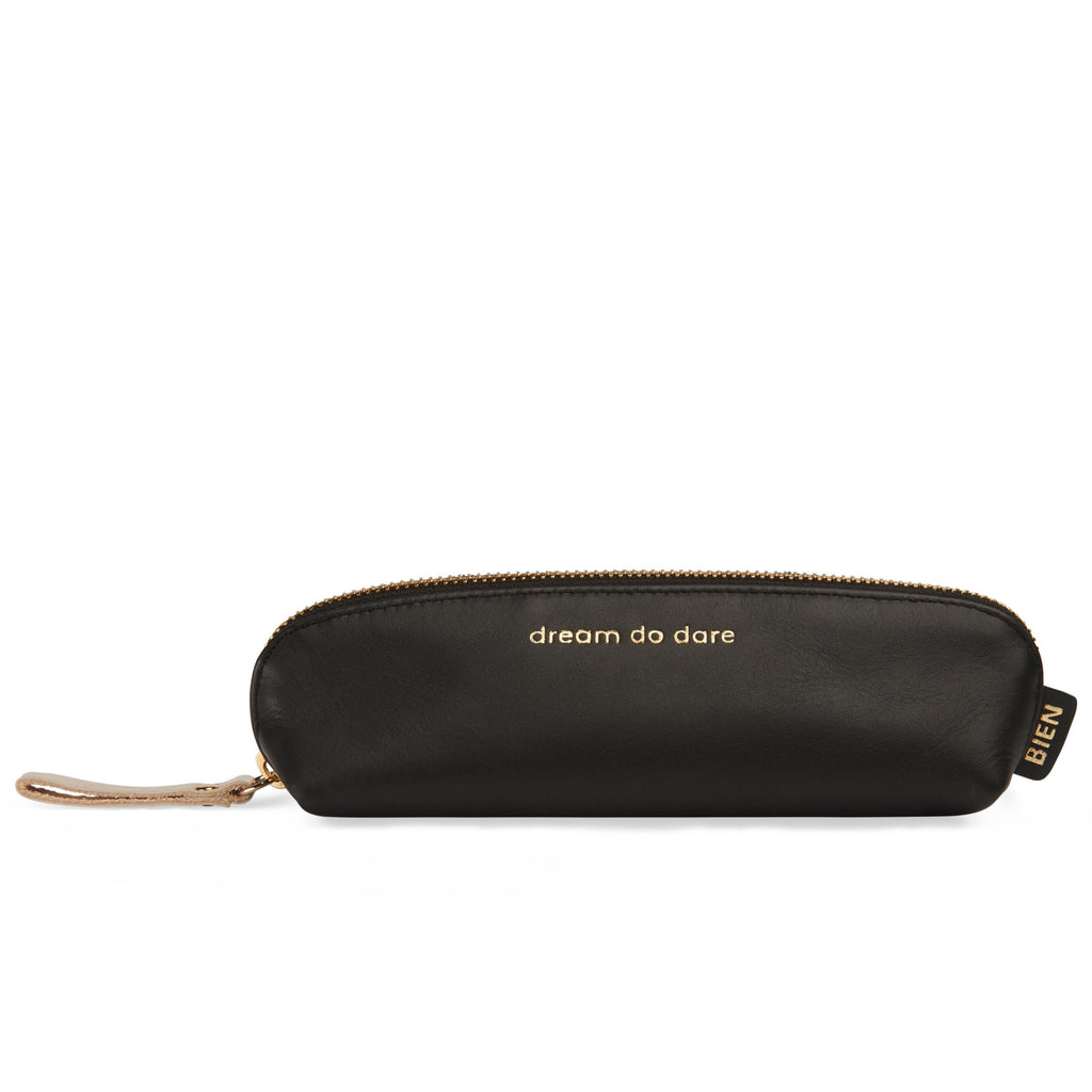 Leather pencil case black - "dream do dare"
