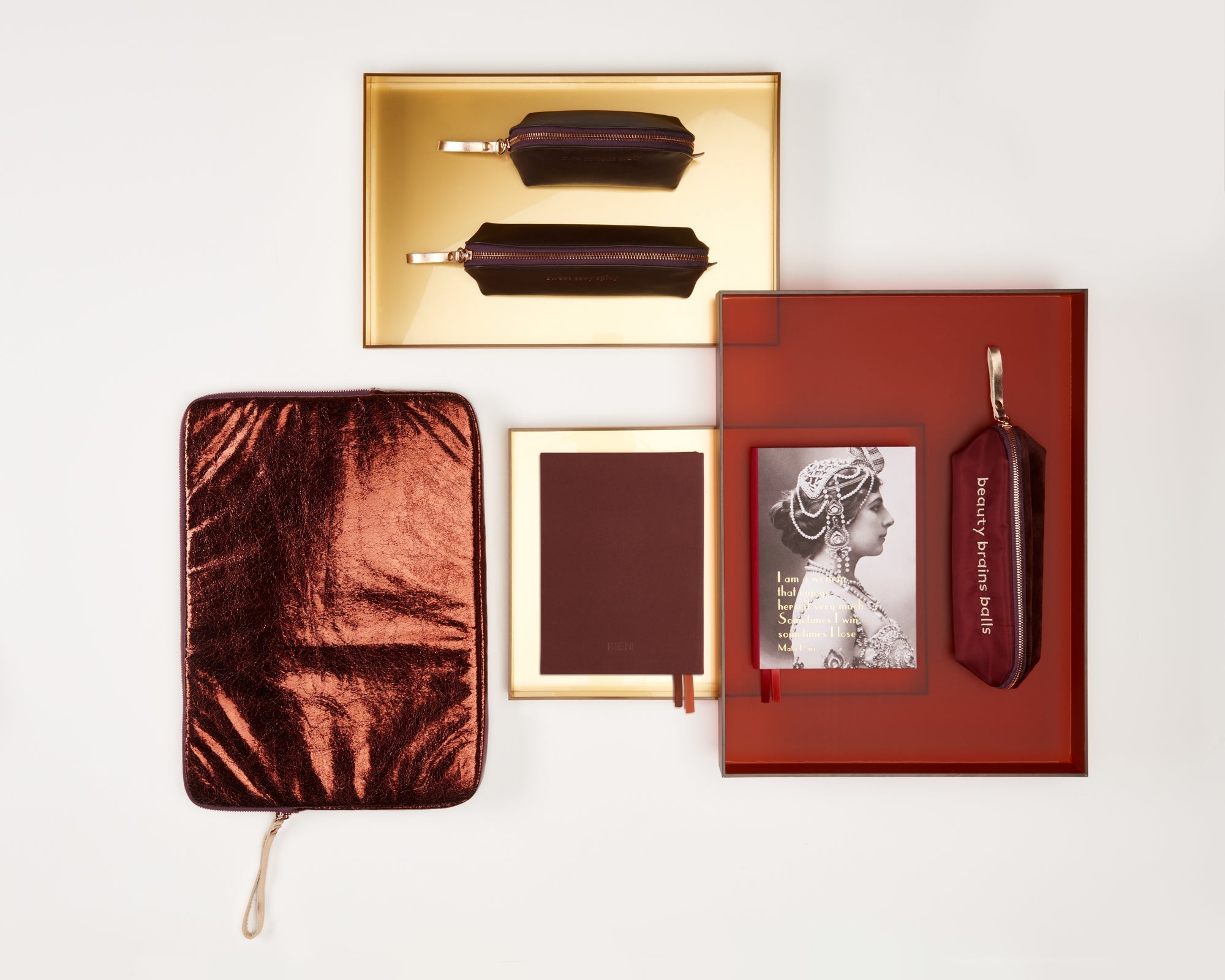 Small leather makeup bag burgundy - "cute curious crazy" - BIEN moves